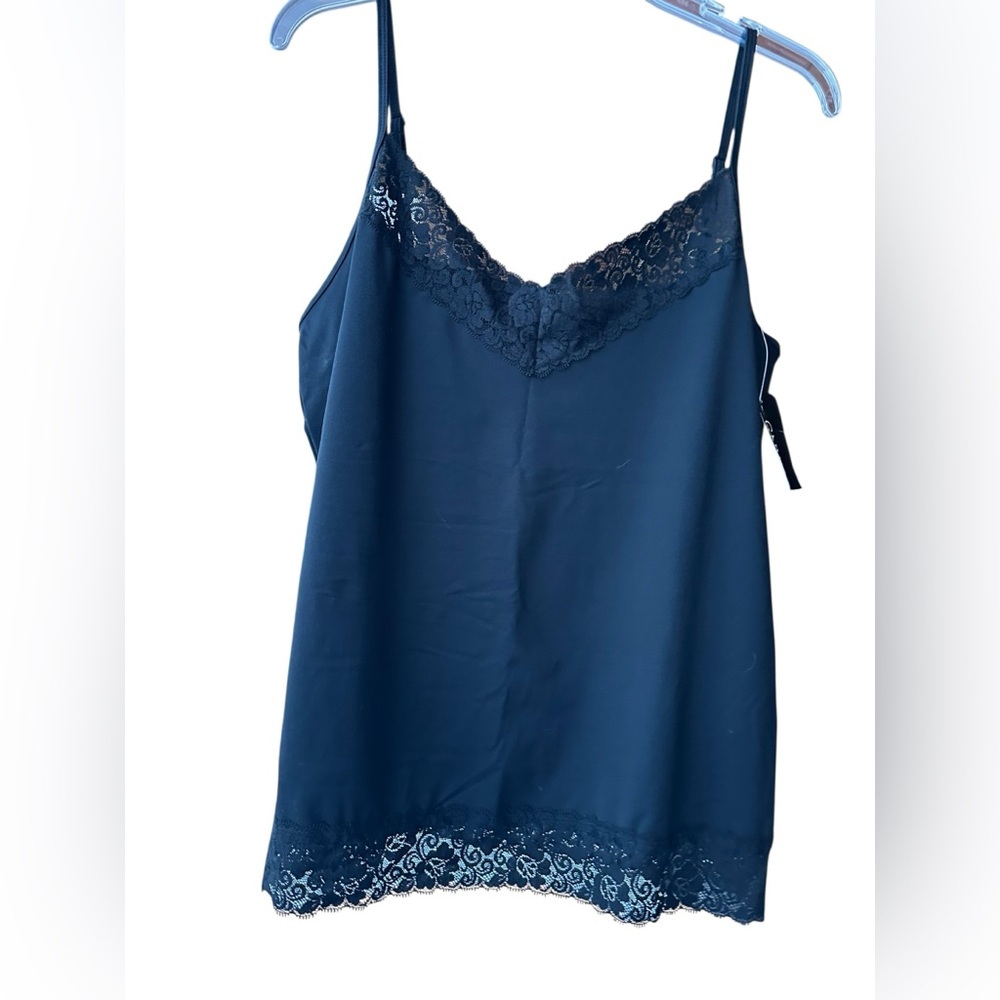 NWT Black Lace Trimmed Tank Satin Sexy Feminine Womens XL Adjustable Strap Layer